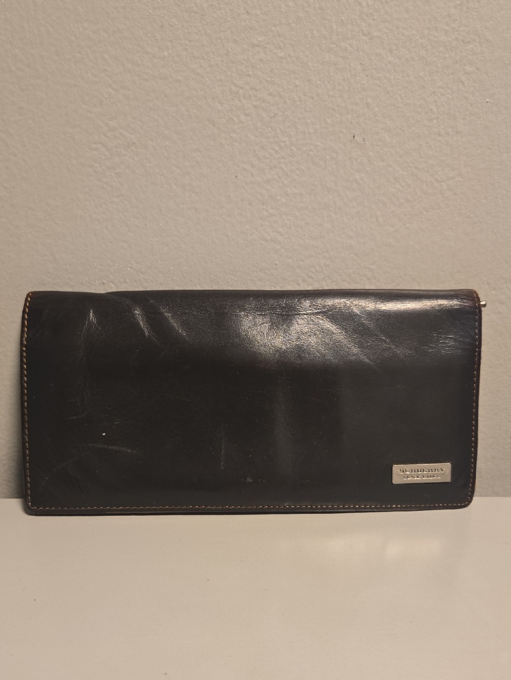 Burberry Brown Leather Long Wallet with Metal Logo Plaque